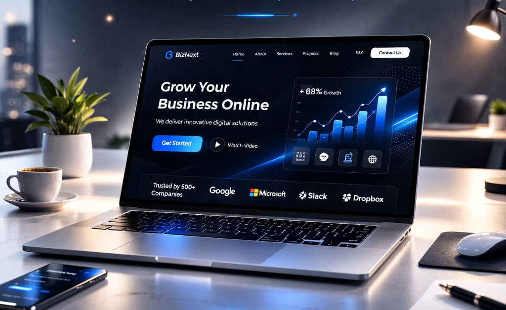 Exemplo visual de site em notebook e celular